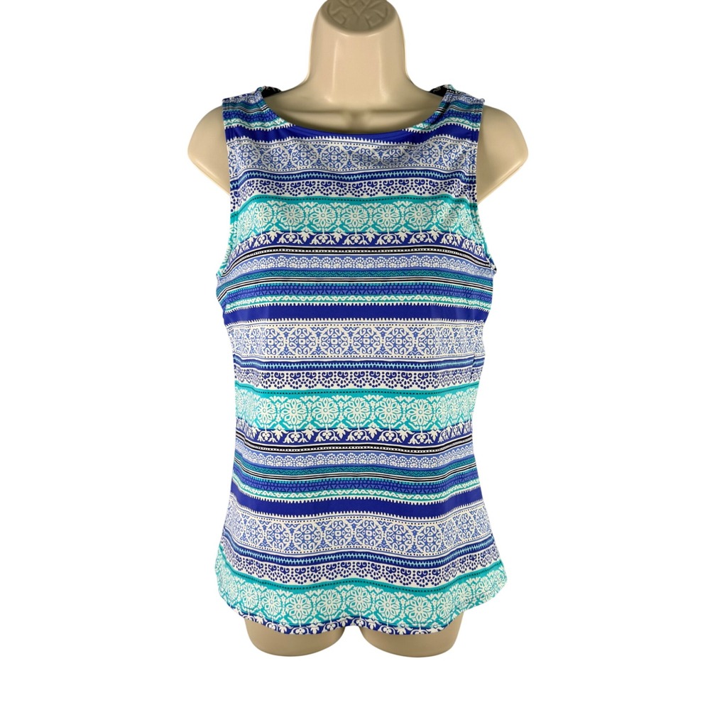 Lands‎ End Geometric Striped Tankini Swim Top 10 D High Neck UPF 50 Resortwear